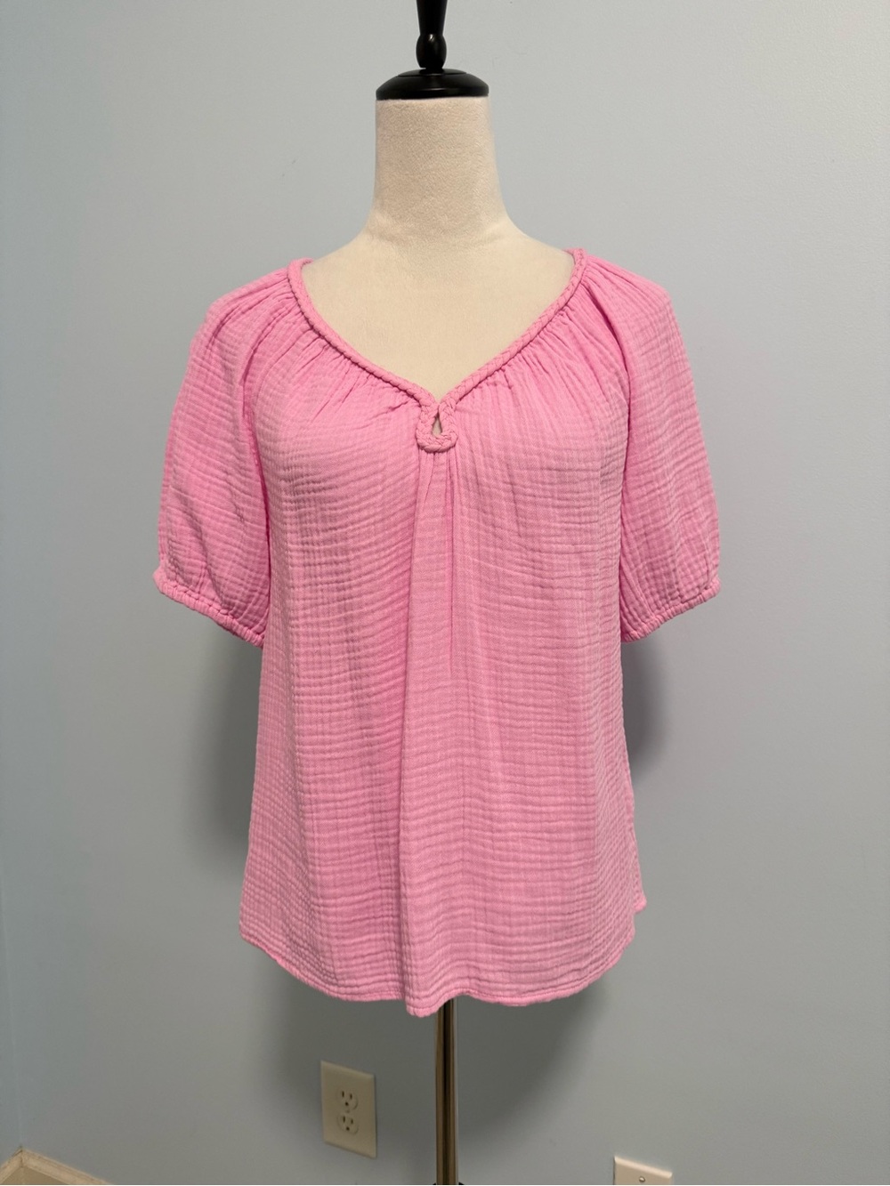 J.Crew Puff-sleeve Braided-neckline Gauze Top For‎ Women Pink Cotton Size S
